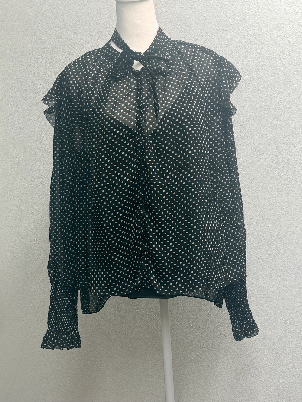 AllSaints Black and white Lara Dot Tie-Neck Blouse size 4